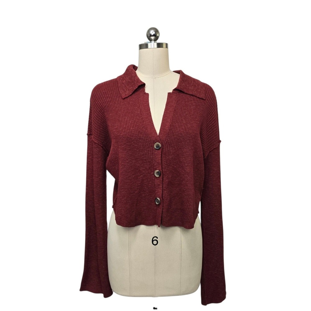 Free People Maroon Ribbed Cropped Cardigan Cotton Linen Blend Sz Small Collared